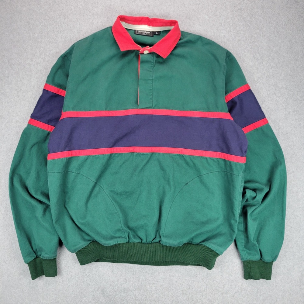 Silver Fern Rugby Shirt Mens L Green Navy Red Colorblock Long Sleeve Cotton